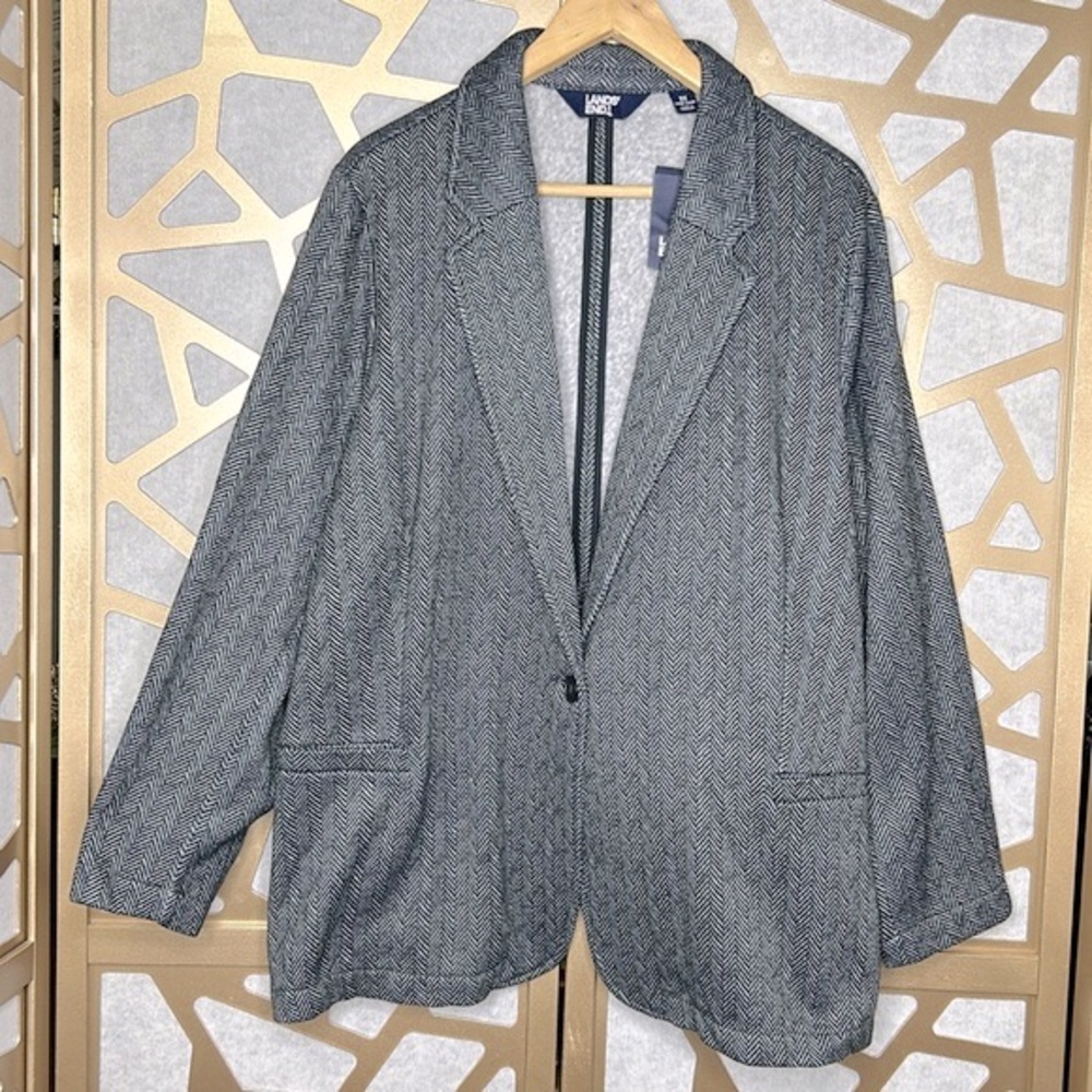 Lands' End Gray White Herringbone Single Button 3X Fleece Lining Blazer Jacket